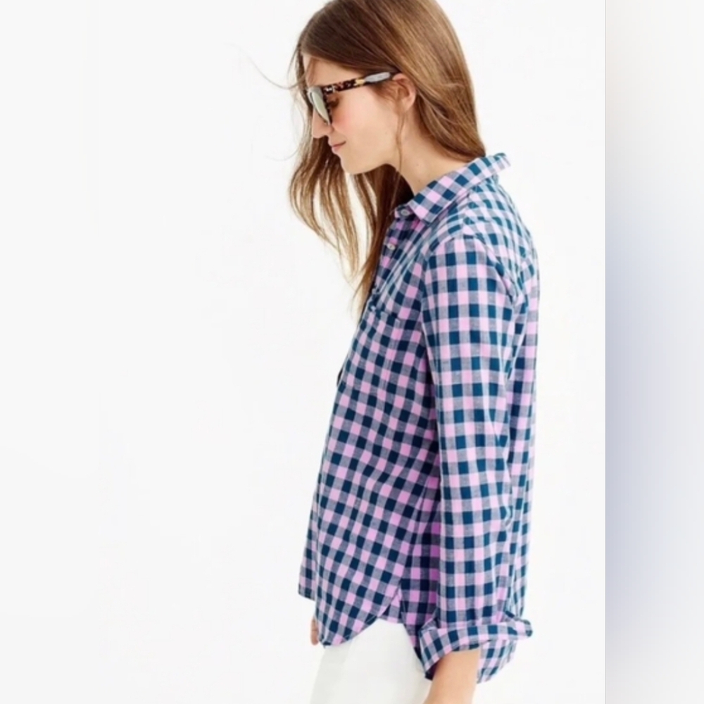 EUC 100% cotton J. Crew Lavender and Teal Gingham Women's Button-Down Shirt (8)